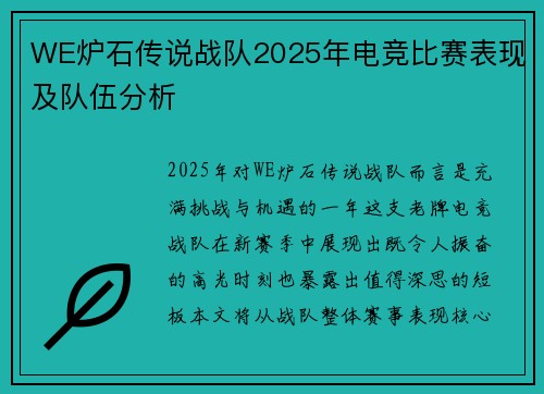 WE炉石传说战队2025年电竞比赛表现及队伍分析
